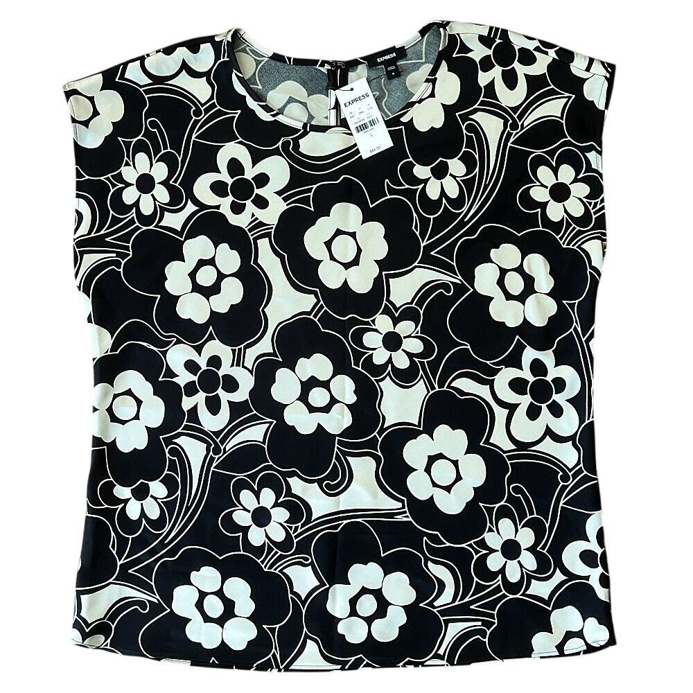 NWT Express Cap Sleeve Floral Print Black & Cream Top Small
